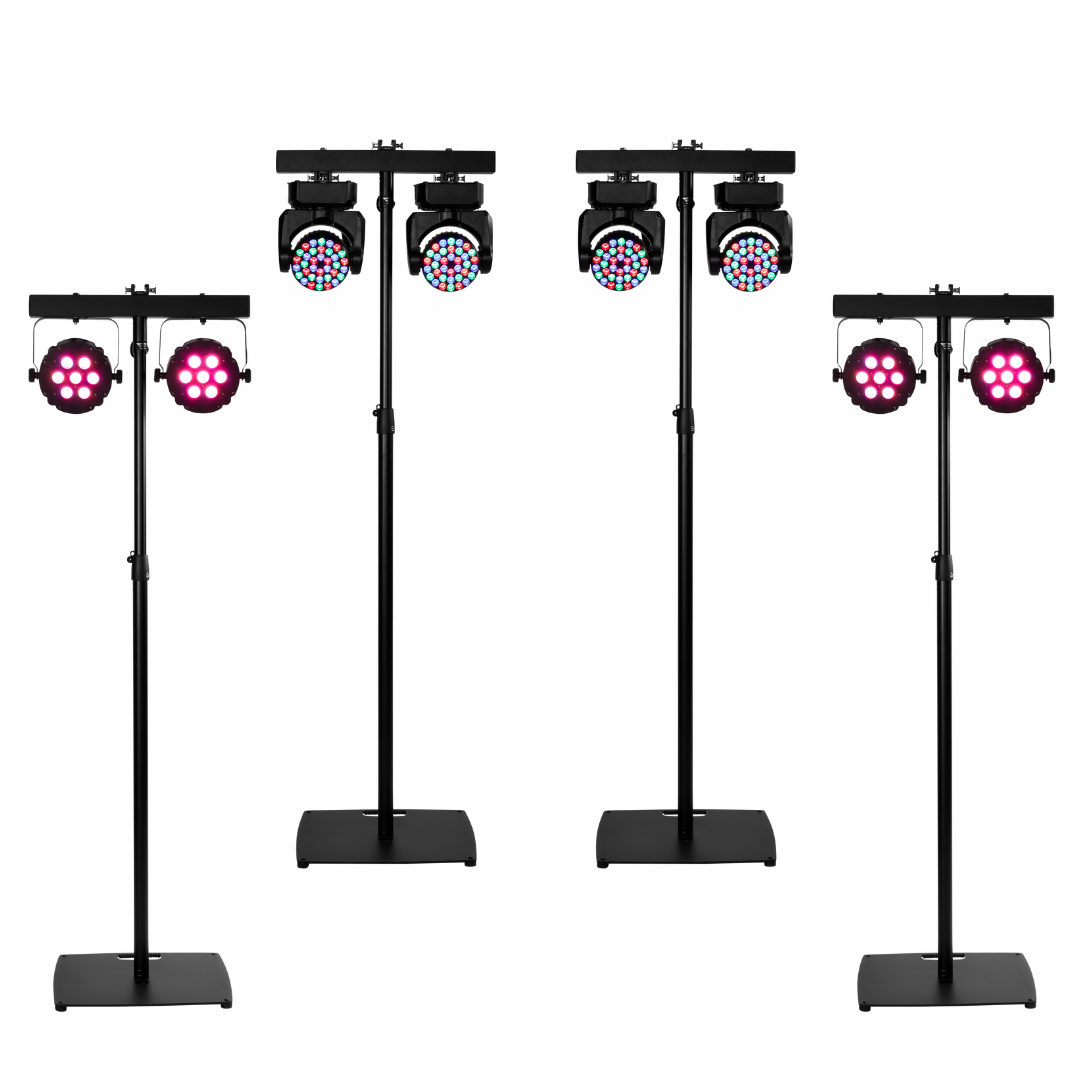 Lichtset 4x Compact par tri + 4x 101 movinghead op T bar